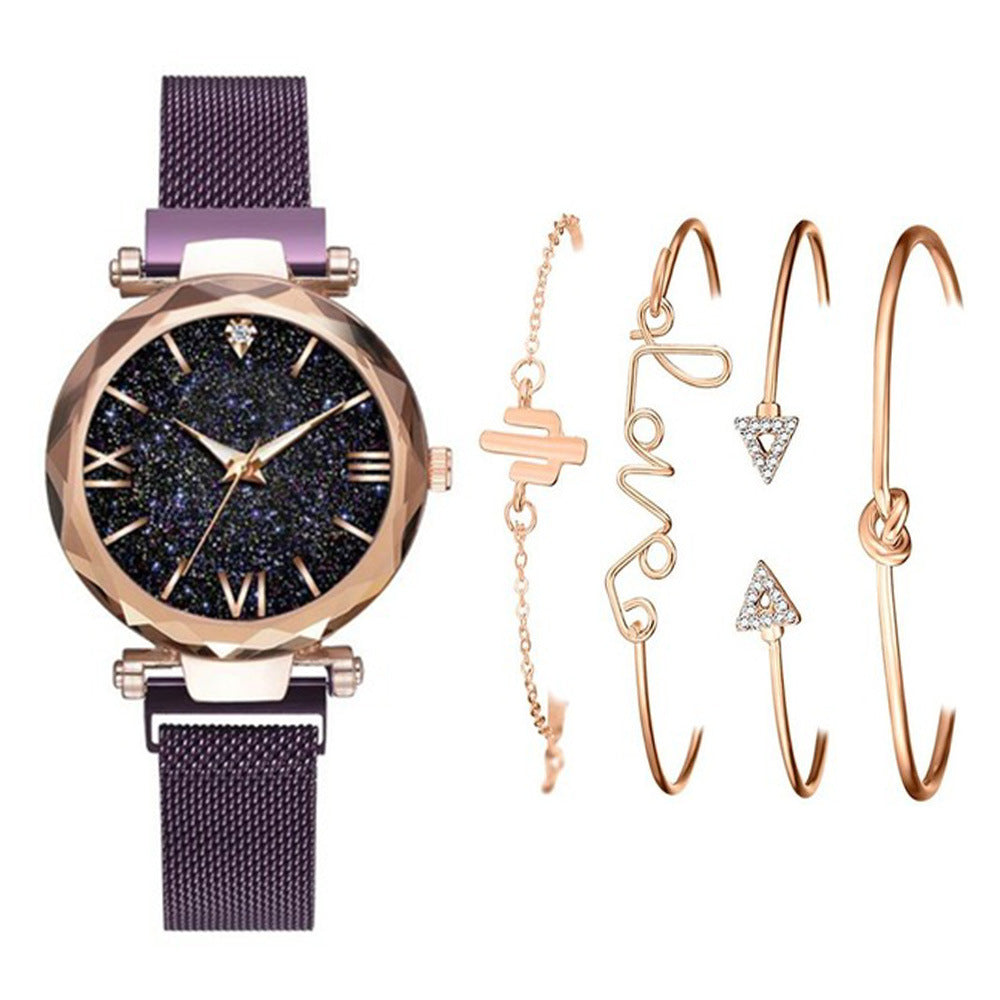 5pcs/set ladies fashion trend starry sky dial magnetic buckle mesh belt quartz watch + bracelet set watch