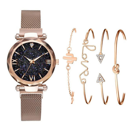 5pcs/set ladies fashion trend starry sky dial magnetic buckle mesh belt quartz watch + bracelet set watch