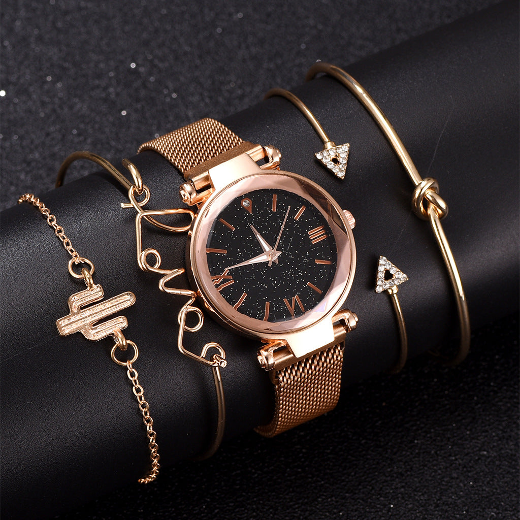 5pcs/set ladies fashion trend starry sky dial magnetic buckle mesh belt quartz watch + bracelet set watch