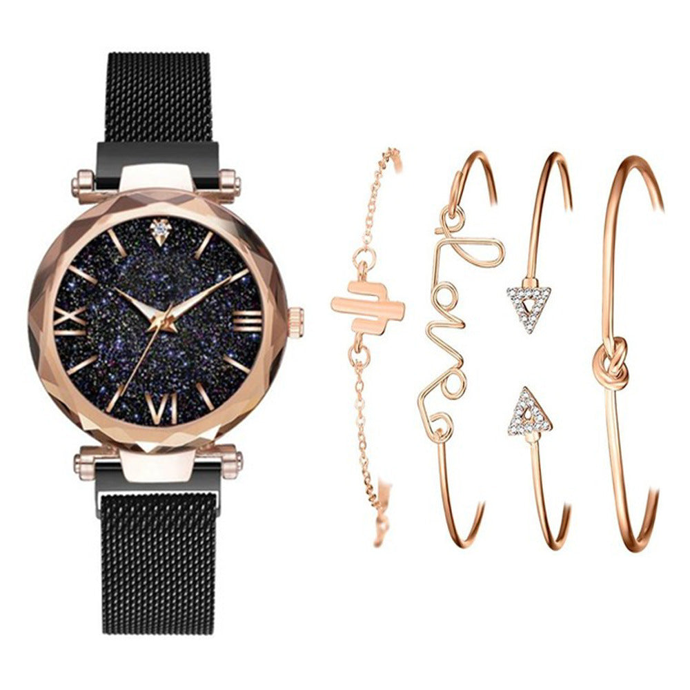 5pcs/set ladies fashion trend starry sky dial magnetic buckle mesh belt quartz watch + bracelet set watch