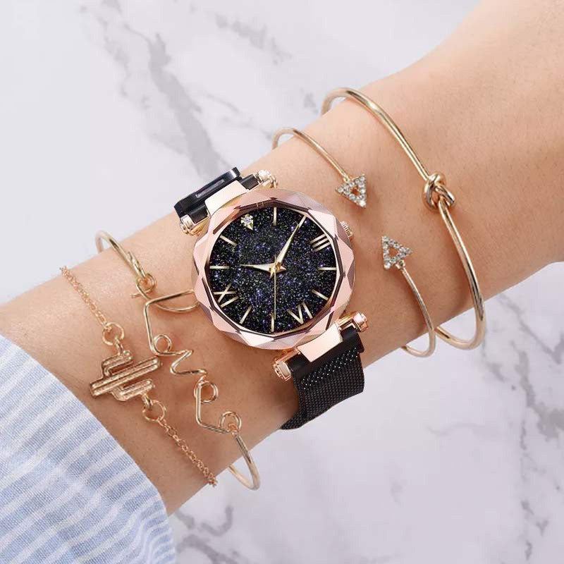5pcs/set ladies fashion trend starry sky dial magnetic buckle mesh belt quartz watch + bracelet set watch