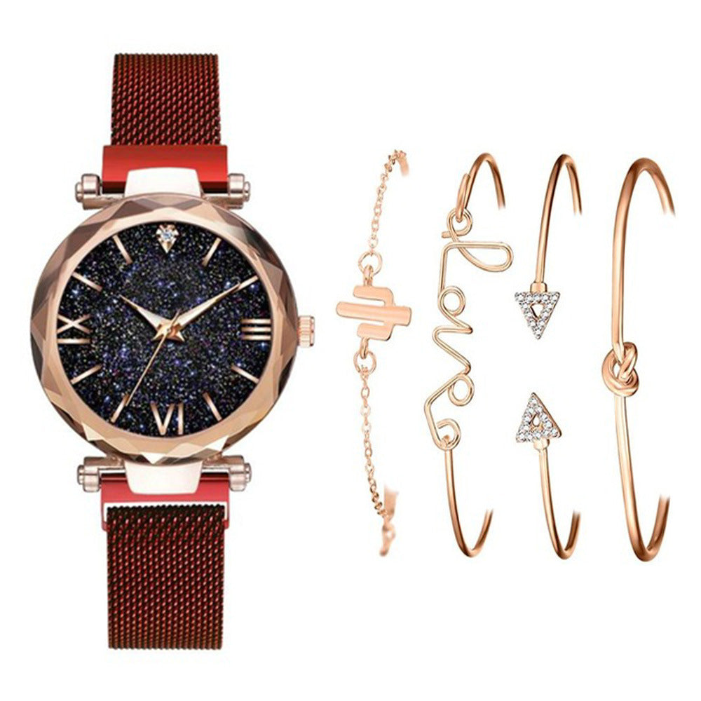 5pcs/set ladies fashion trend starry sky dial magnetic buckle mesh belt quartz watch + bracelet set watch