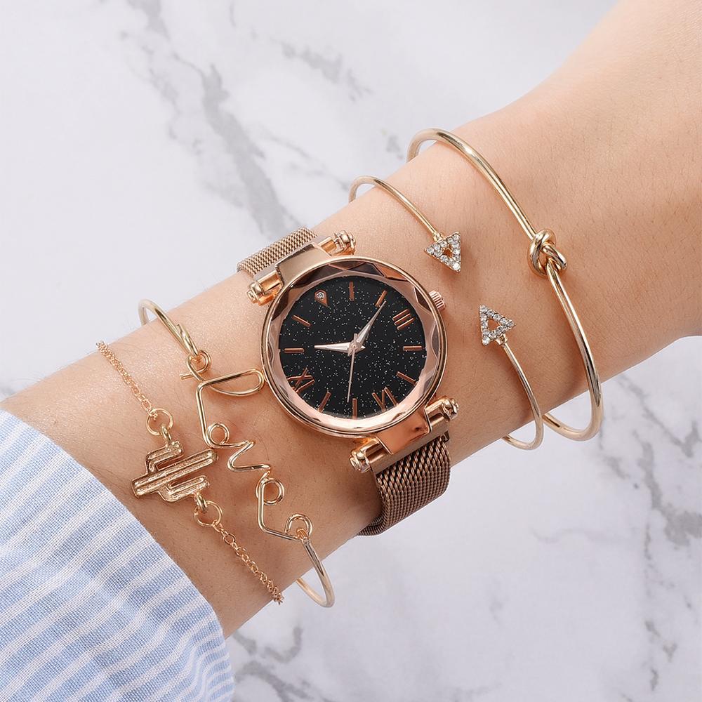 5pcs/set ladies fashion trend starry sky dial magnetic buckle mesh belt quartz watch + bracelet set watch