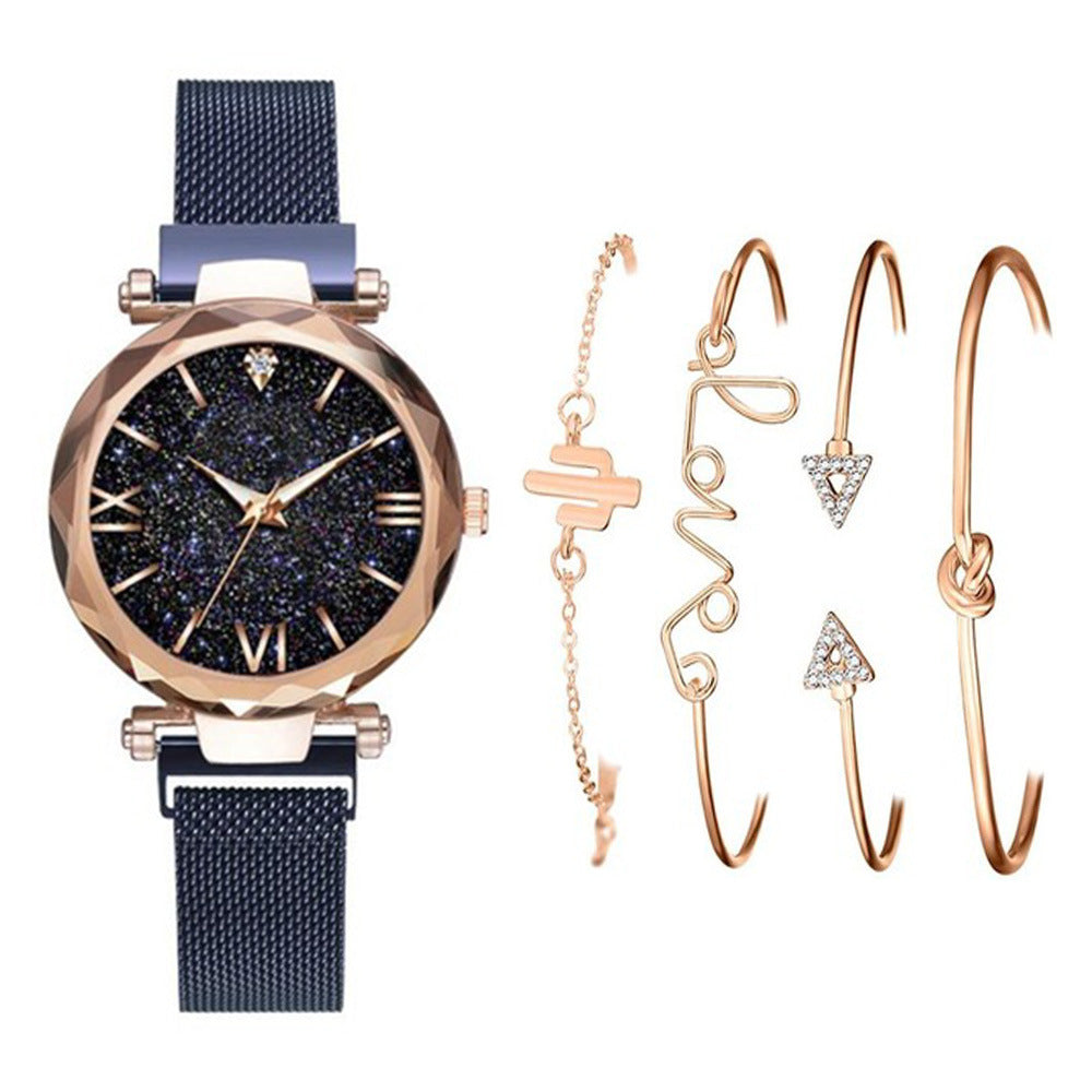 5pcs/set ladies fashion trend starry sky dial magnetic buckle mesh belt quartz watch + bracelet set watch