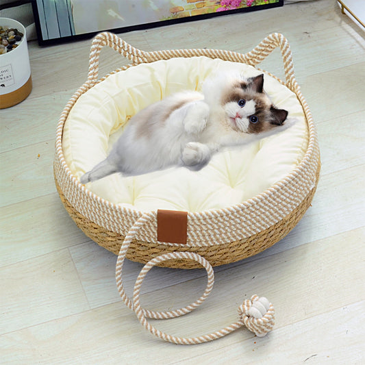 Universal straw woven winter warm cat bed