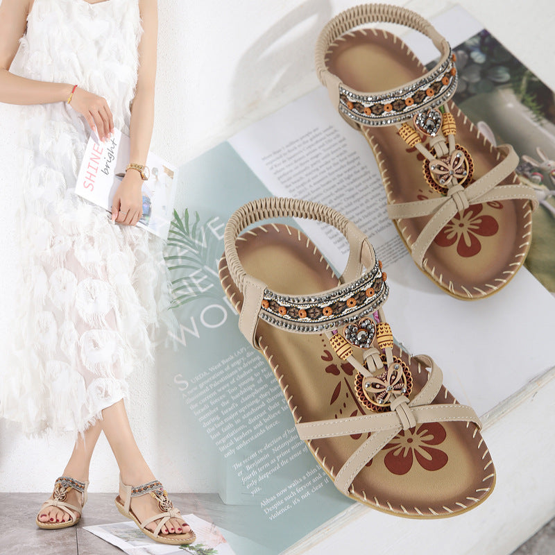 Spring new cross large size flat flower rhinestone sandals