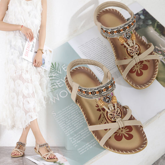 Spring new cross large size flat flower rhinestone sandals