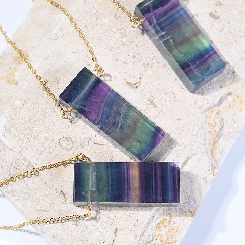 Natural colorful fluorite winding necklace rectangular pendant