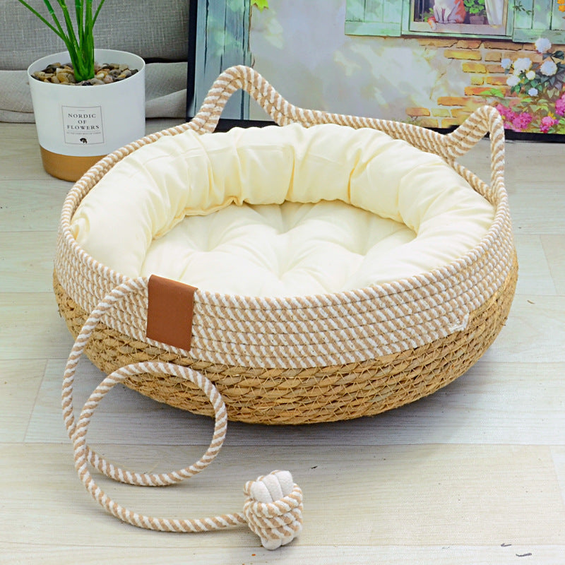 Universal straw woven winter warm cat bed