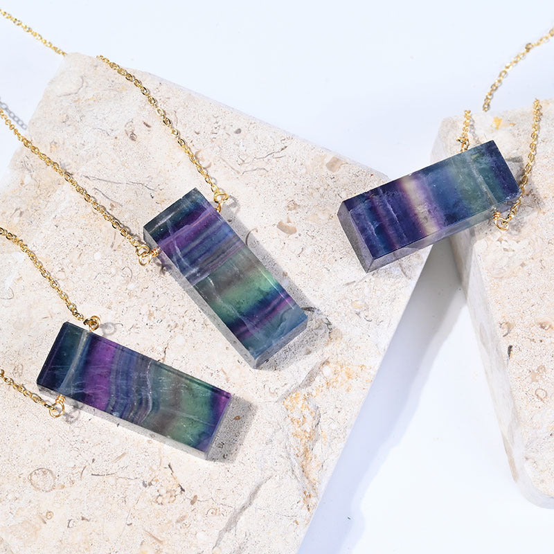 Natural colorful fluorite winding necklace rectangular pendant