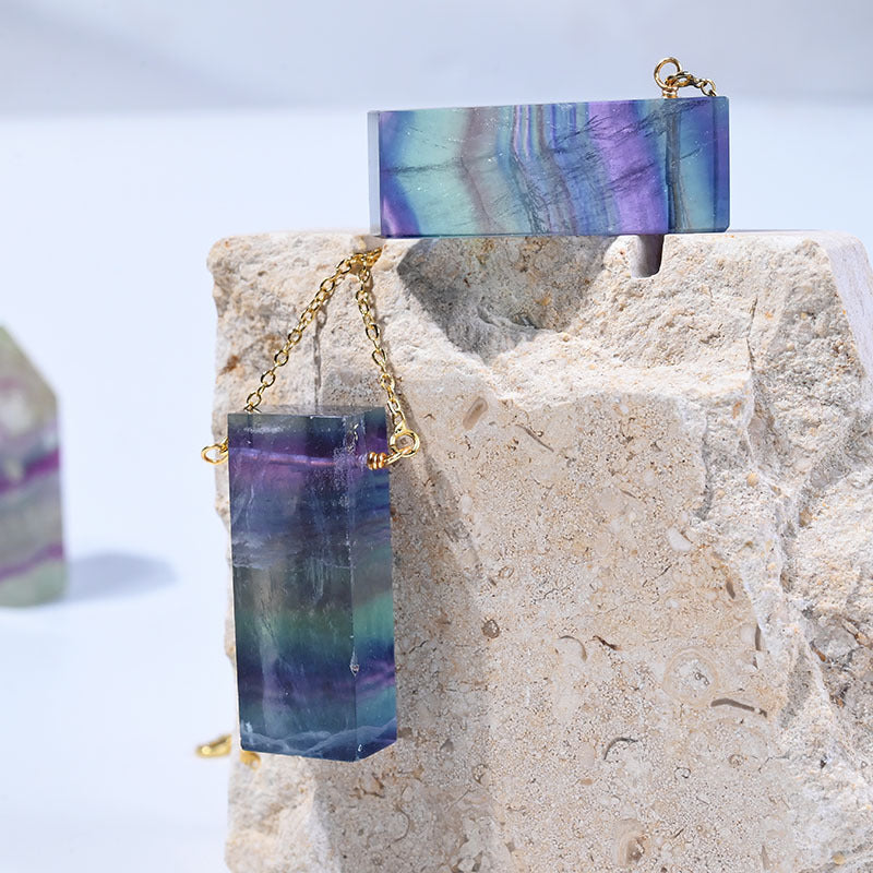 Natural colorful fluorite winding necklace rectangular pendant