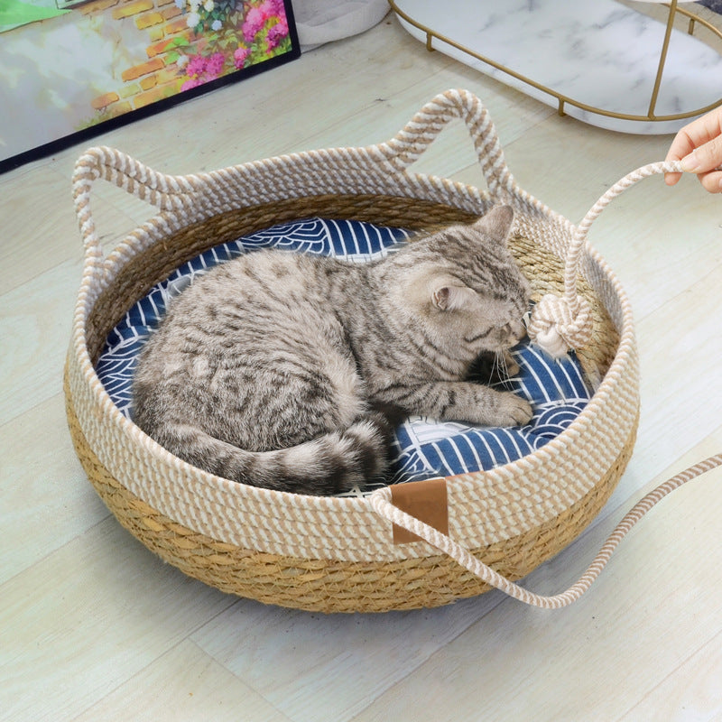 Universal straw woven winter warm cat bed