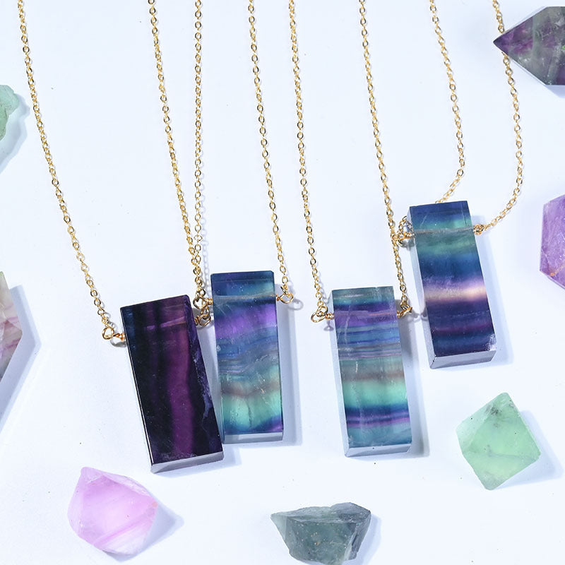 Natural colorful fluorite winding necklace rectangular pendant